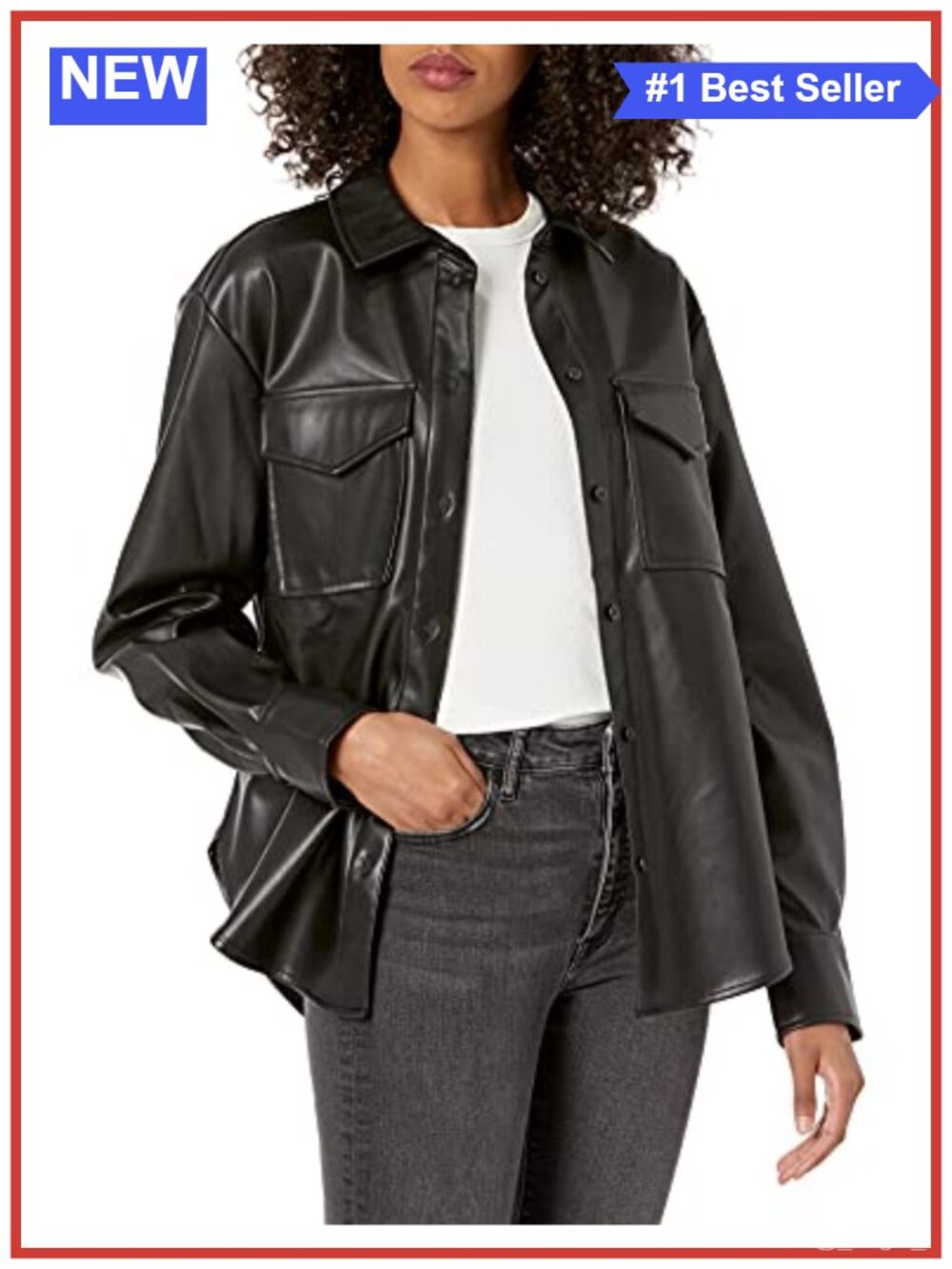 Faux Leather Long Shirt Jacket Loose Fit Collared Layering